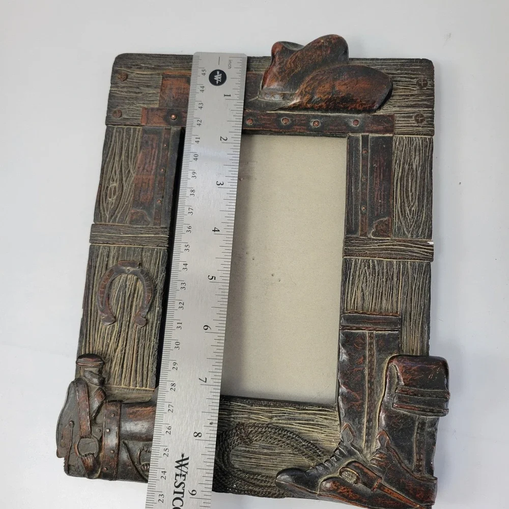 Rustic Cowboy Western Picture Frame Photo Holder Hat Boots Horseshoe Saddle Rope